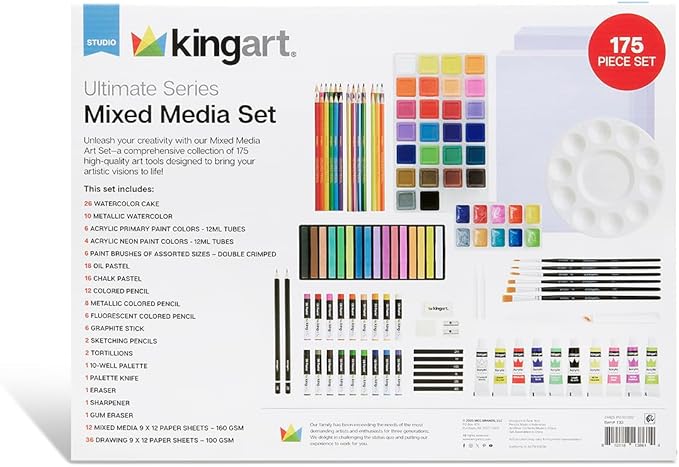 KINGART 175-Piece Ultimate Mixed Media Art Studio Set – Includes Acrylic & Watercolor Paints, Pastels, Colored Pencils, Brushes, and Paper Pads – Professional Kit for Drawing, Sketching, Painting