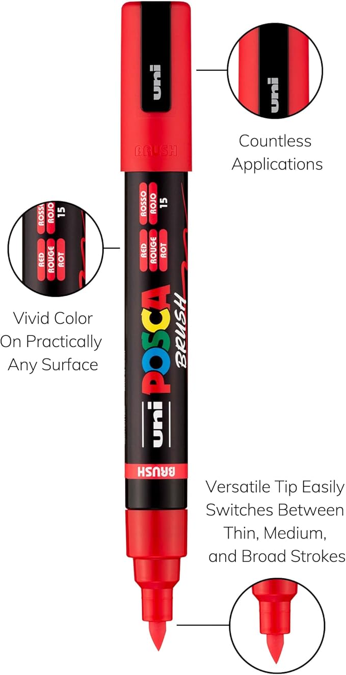 POSCA PC-5BR Water-Based Paint Markers, Reversible Brush Tip (1.0-4.0mm), Assorted Colors, 8 pack