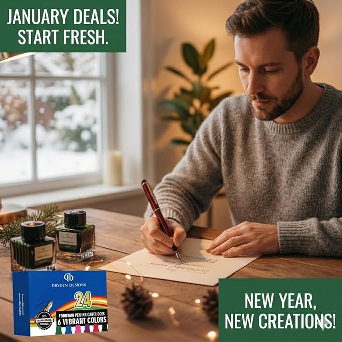 Dryden Designs Fountain Pen - Medium and Fine Nibs | Includes 24 Ink Cartridges and Ink Refill Converter | Consistent Writing, Smooth Look, Left and Right Handed - Decadent Purple.