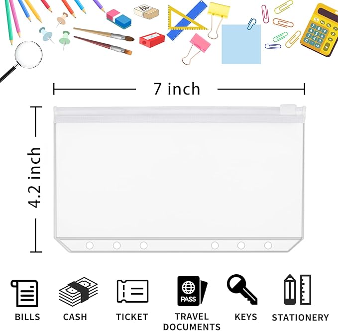 30pcs Yellow Binder Pockets 6 Holes Zipper Folders PVC Card Loose Leaf Bags Cash Envelopes for Budgeting Binder
