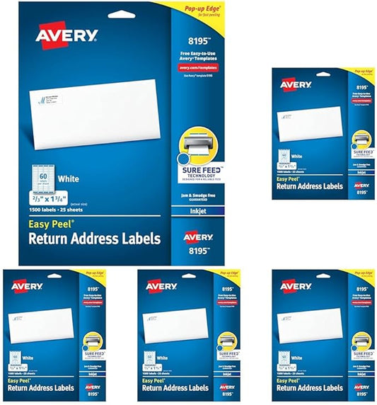 Avery Printable Return Address Labels with Sure Feed, 2/3" x 1-3/4", White, 1,500 Blank Mailing Labels (08195) (Pack of 5)