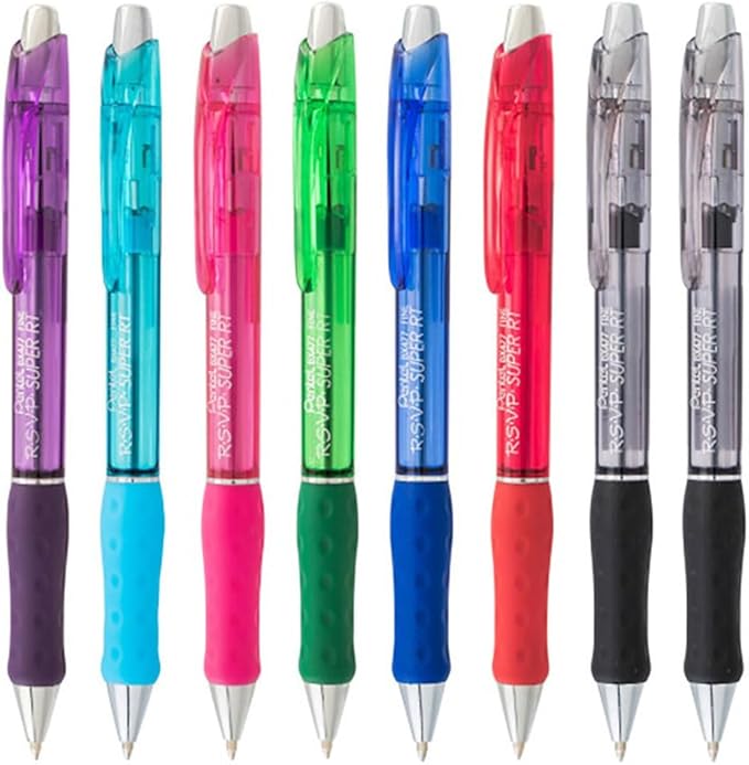 Pentel RSVP Super RT Ballpoint Pen, (0.7mm) Fine Line, Assorted Ink Colors, 8 Pack with Bonus Black Ink Pen
