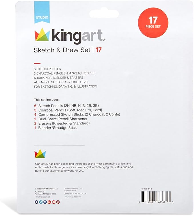 KINGART 17 Pc Professional Sketch & Draw Set, Art Supplies Kit w/Graphite, Charcoal Pencils, Eraser, Blenders for Artists, Beginners, Students