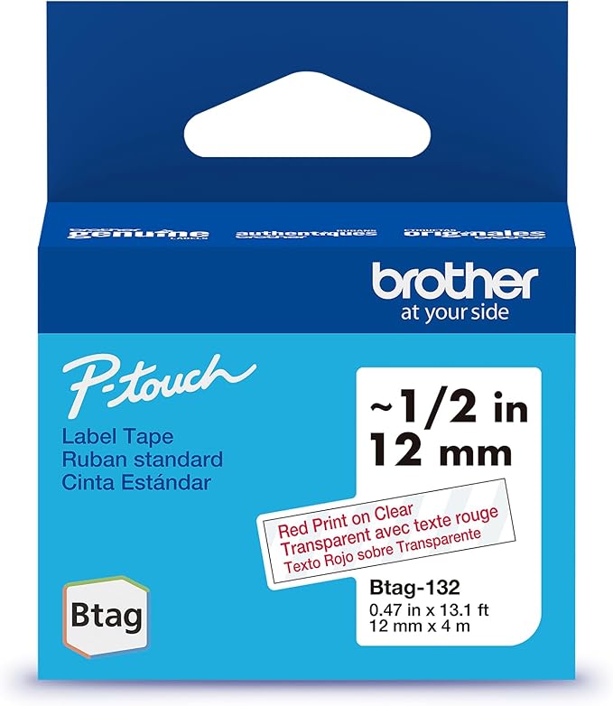 Brother Genuine P-Touch Btag BTAG132 Red on Clear Label Tape ~1/2in by 13.1ft (12mm x 4m). (Works Only with Brother PT-N10, PT-N20, PT-N25BT Label Makers)