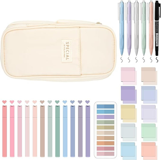Jutom 39 Pcs Aesthetic Book Annotation Kit Highlighter with Pencil Case Bag Gel Pen Transparent Sticky Note Taking Bible Study College School Supplies(Cream,Cute Style)