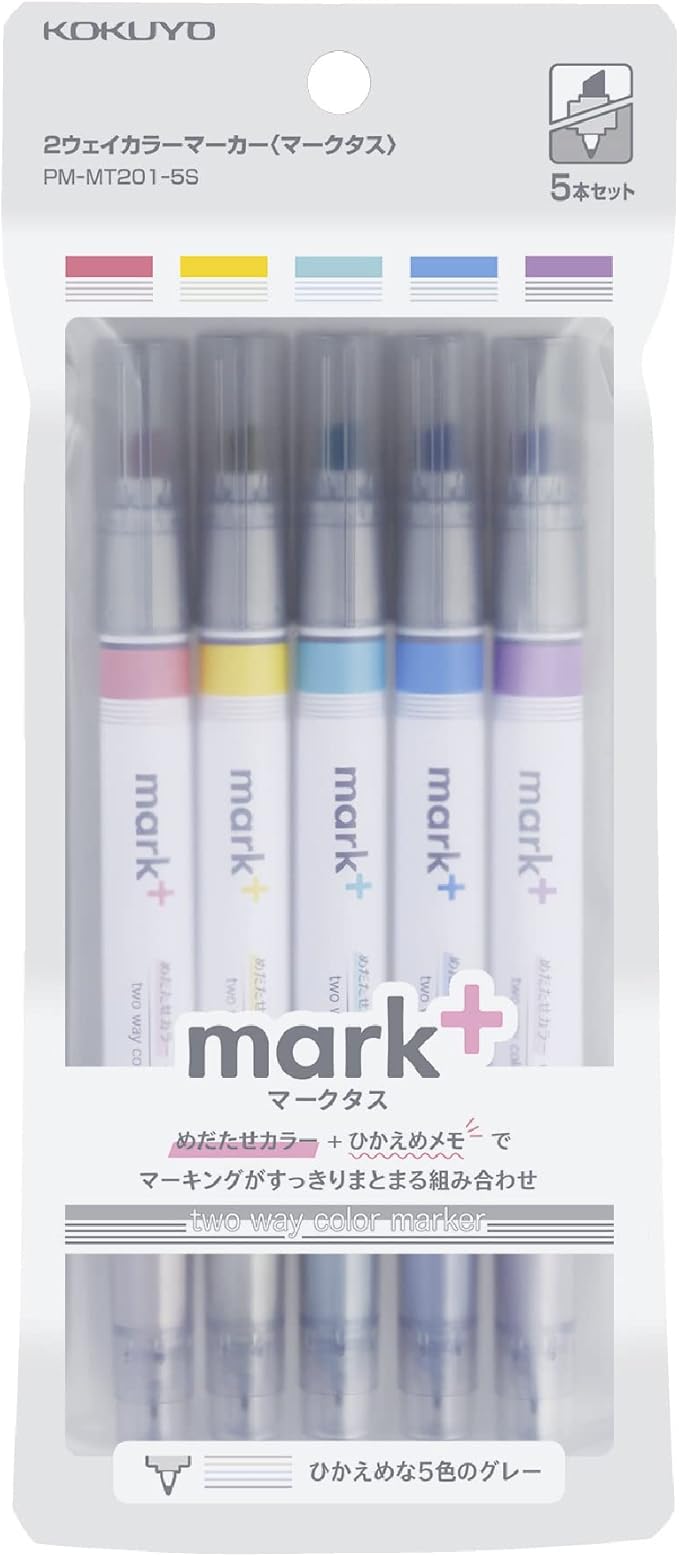 KOKUYO Pastel Highlighters, Dual-Tip Highlighter Markers for Bible in Assorted Colors, Fine & Chisel Tip No Bleed Quick-Dry for Journals, Planners, Notes, Grey Colors. Japan Import (PM-MT201-5S)