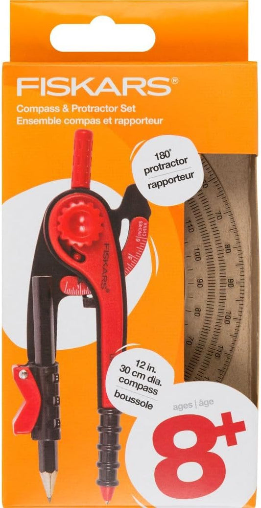 Fiskars Plastic Compass and Protractor Set, Math Geometry Kit for Kids 8+, School Supplies, Includes Pencil, Color Varies