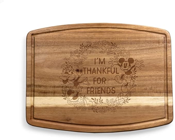 PICNIC TIME Disney Mickey and Minnie Mouse Thanksgiving Ovale Acacia Cutting Board Serving Board Charcuterie Cheese Board with Juice Groove Holiday Kitchen Decor Gift, (Acacia Wood)