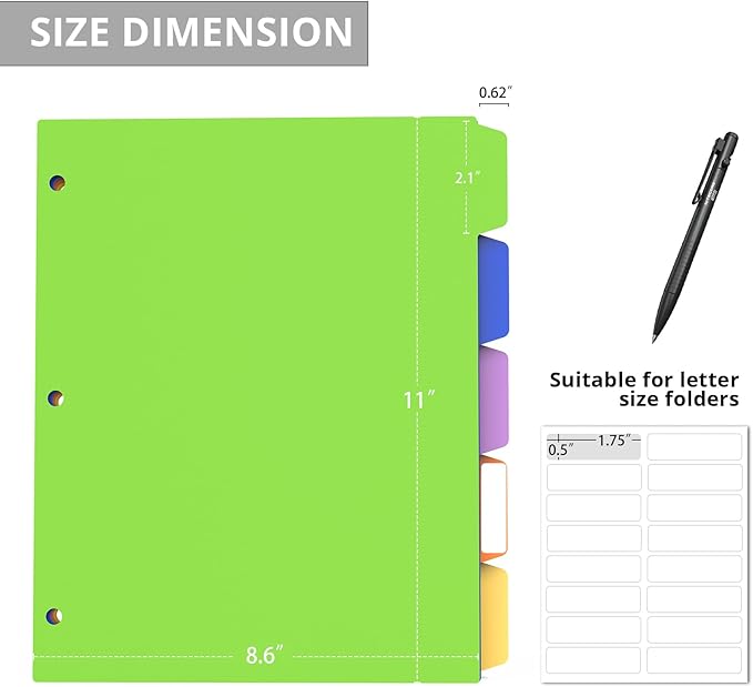 Binder Dividers with Tabs, 5 Tab Sturdy Plastic Dividers for 3 Ring Binder, Colorful Dividers for 3 Ring Binder Page Protectors, 3 Ring Binder Dividers with Tabs for School Office, 3 Set (15 Pcs)