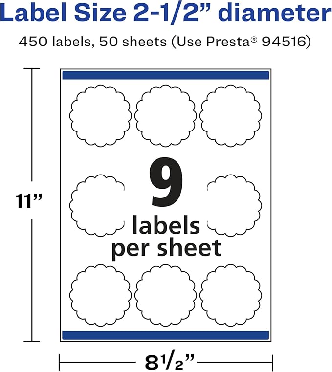 Avery Glossy White Round Scalloped Labels, Sure Feed Technology, 2.5" Diameter, 450 Glossy White Labels, Print-to-The-Edge, Permanent Adhesive, Laser/Inkjet Printable