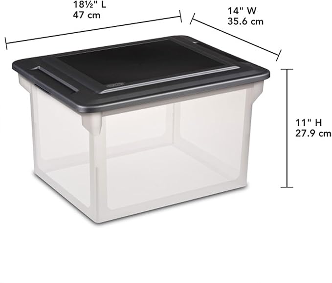 Sterilite File Box, Stackable Storage Bin with Lid, Organize Receipts, Bills, Taxes and Papers in the Home, Office, Clear Base with Black Lid, 12-Pack