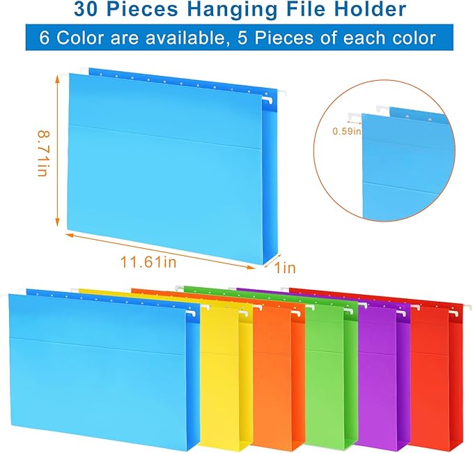 30 Pack Hanging File Folders, Letter Size with 1/5-Cut Adjustable Tabs, 6 Selected Color - File Folder Organizer for Filing Cabinet Office Home, Designed for Bulky Files, Medical Charts
