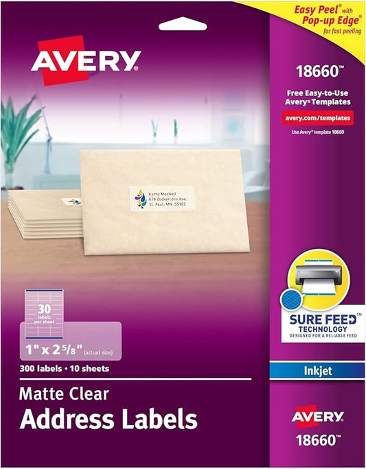 Avery Easy Peel Mailing Labels for Ink Jet Printers, 1 x 2-5/8 Inches, Clear, Pack of 300 (18660), 2-PACK