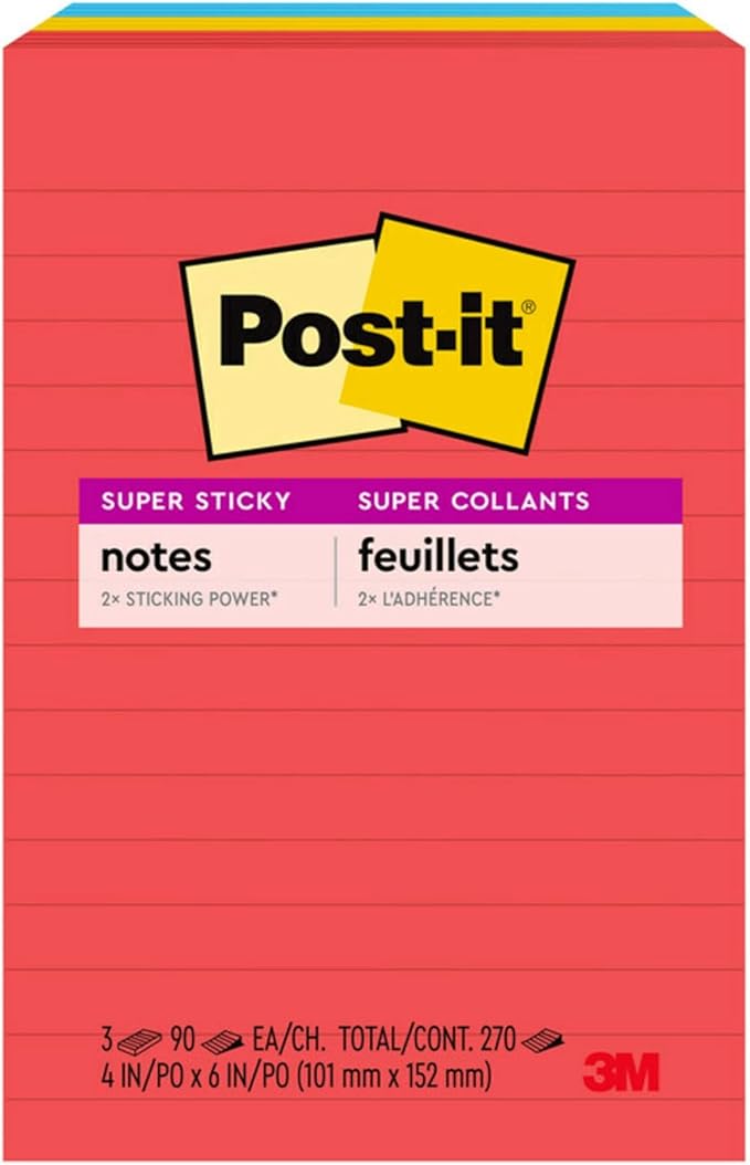 Post-it Super Sticky Lined Notes, 3 Sticky Note Pads, 4 x 6 in., Ideal for Organization in Your Dorm, Home or Office, Playful Primaries Collection