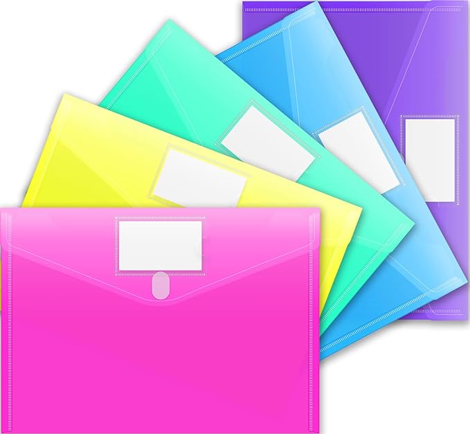 Sooez 5 Pack File Folders, Clear Poly Envelopes Plastic Folders, Folder for Documents Letter A4 Size with Label Pocket, Teacher School Office Supplies Organization Storage, Assorted Color