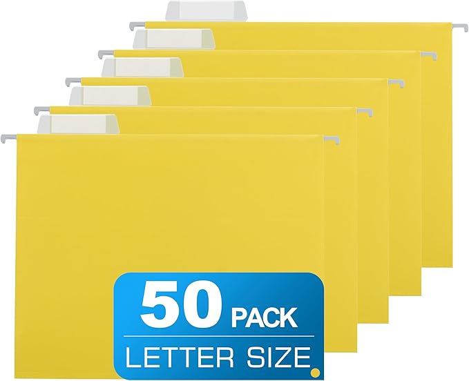 50 Packs Hanging File Folders Yellow,Letter Size 8.5x11, Hanging File Folders with 1/5-cut Tabs,File Folders for Filing Cabinet,Ideal Office, School Classroom Supplies