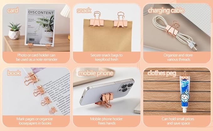 Binder Clip Paper Clamps, Assorted Sizes (Mini, Small, Medium, Large), 100 Pcs Clips for Office School Supplies (Rose Gold)
