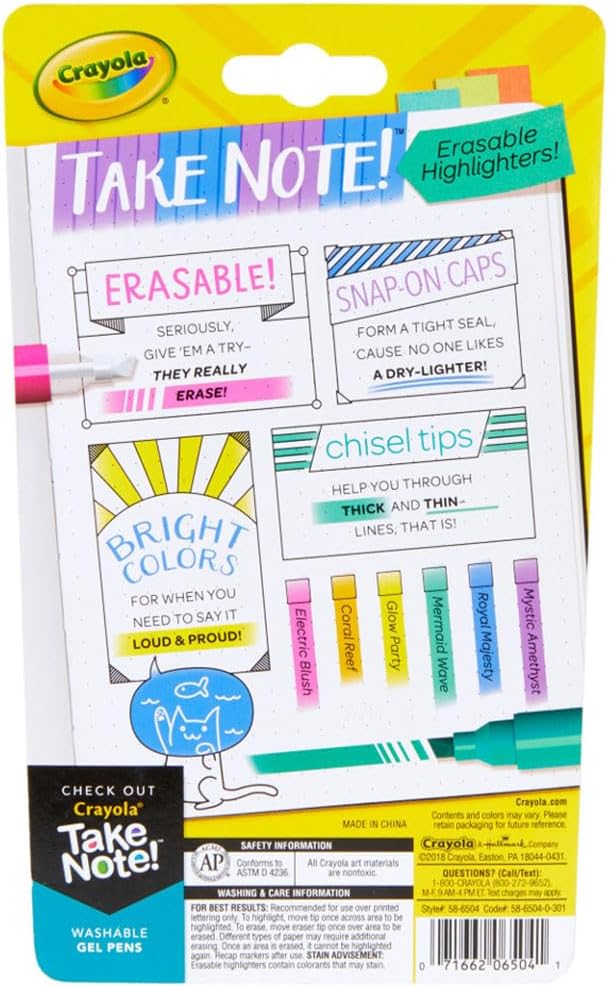 Crayola Take Note Erasable Highlighters (6ct), Assorted No Bleed Highlighters, Chisel Tip Marker Set, For Organizing & Coloring, Gifts