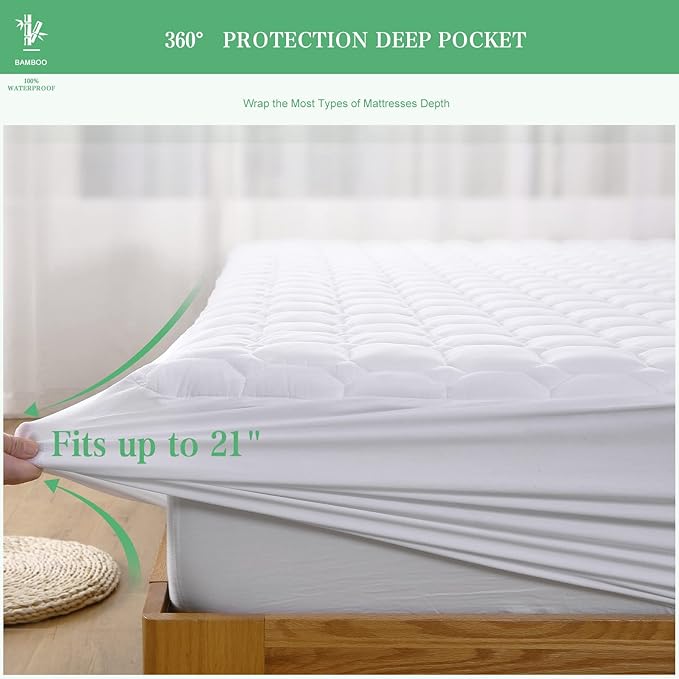 UNILIBRA King Mattress Protector Waterproof Rayon from Bamboo, Deep Pocket Mattress Pad Cover Fit up to 6''-21'', Breathable Soft Filling Quilted Fitted Mattress Topper