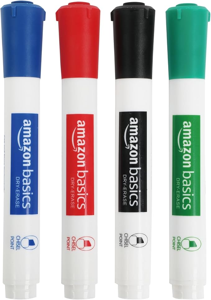 Amazon Basics Dry Erase Whiteboard Markers, Chisel Tip, Low-Odor, Assorted Colors, 4-Pack, Black, Red, Green, Blue