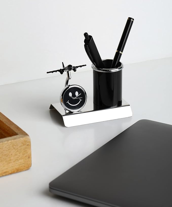 Aeroplane Miniature Metal Pen Stand With Clock, Stylish Stationary Desk Organizer, Pencil Holder, Elegant Corporate Gift Set, Durable Decorative Showpiece For Office