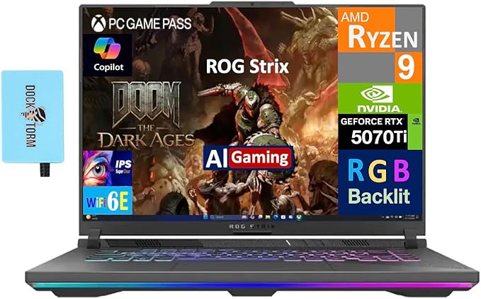 ASUS ROG Strix G16 G614 AI Gaming Laptop 16.0" 165Hz IPS WUXGA Display (AMD Ryzen 9 8940HX, GeForce RTX 5070 Ti 12GB, 16GB DDR5, 8TB PCIe SSD, RGB KB, Win 11 Home) w/DKZ USB Hub - G614PR-G16.R95070TI