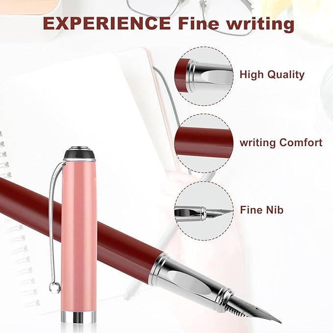 cobee Metal Fountain Pens with 10 Black Ink Cartridges, 0.5mm Fine Nib Fountain Pen Smooth Writing Luxury Calligraphy Pen Office School Supplies Gift(Red)