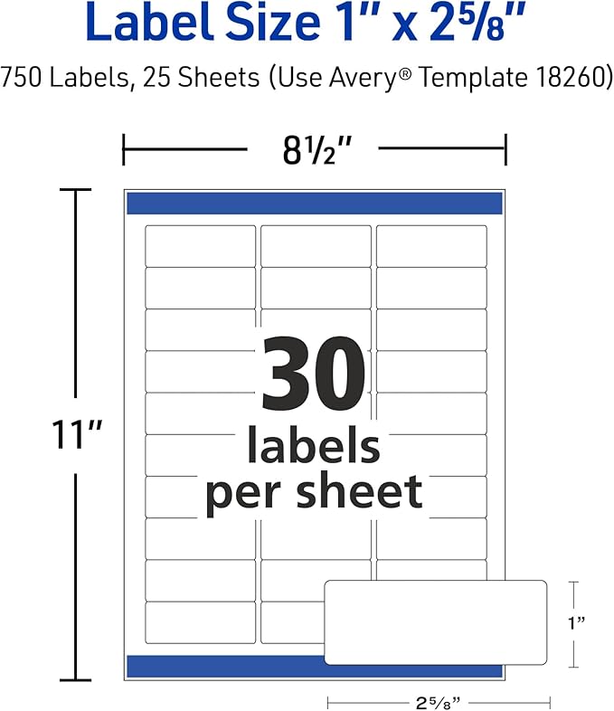 AVERY White Address Labels | Easy Peel | Sure Feed Technology | For Mailing & Shipping | 1" x 2-5/8" | 750 Labels, Pack of 5