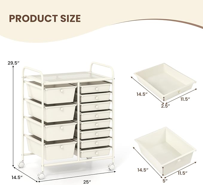 COSTWAY 12 Drawer Rolling Storage Cart, Mobile Utility Cart with Metal Frame, Art Supply Craft Organizer, Multipurpose Storage Organizer for Paper, Office, School Teacher, Classroom, White