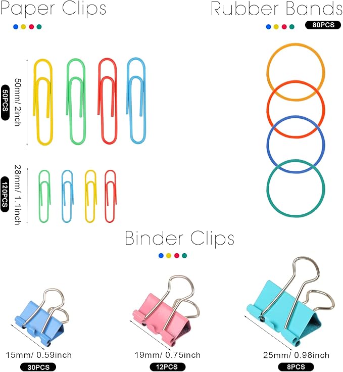 300 Pcs Binder Clips, Rubber Bands, Office Set, Paper Clips, School & Teacher Supplies for Office Desk Essentials (Assorted Sizes)