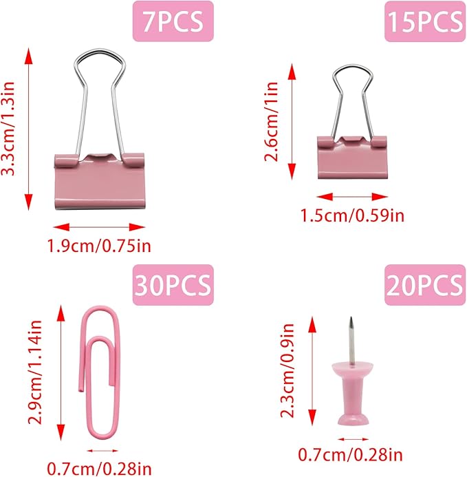 Office Supplies Set, Paper Clips, 72 Pcs, Push Pins and Binder Clips Set with Box for Office, School and Home(Pink)