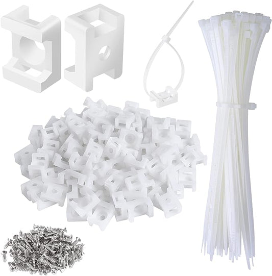 100 Pcs Cable Zip Tie Saddle Type Mounts Base with 100 Pcs 8" Cable Ties and 100 Pcs Tapping Screw, Wire Cable Clips Organizer Holders Clamps White