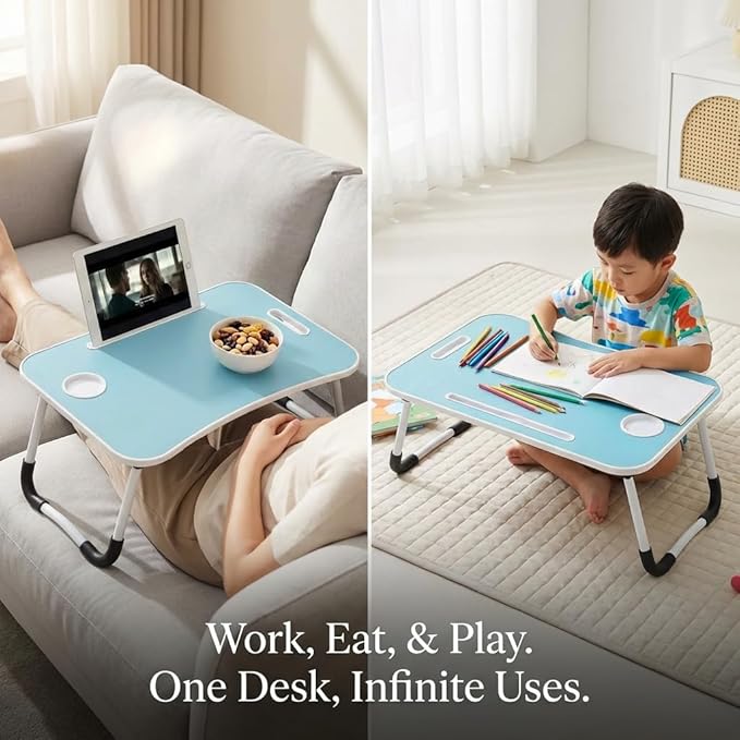 BUYIFY Folding Lap Desk, 23 Inch Portable Wood Blue Laptop Bed Desk Lap Desk with Cup Holder, for Working Reading Writing, Eating, Watching Movies for Bed Sofa Couch Floor- new005 Blue