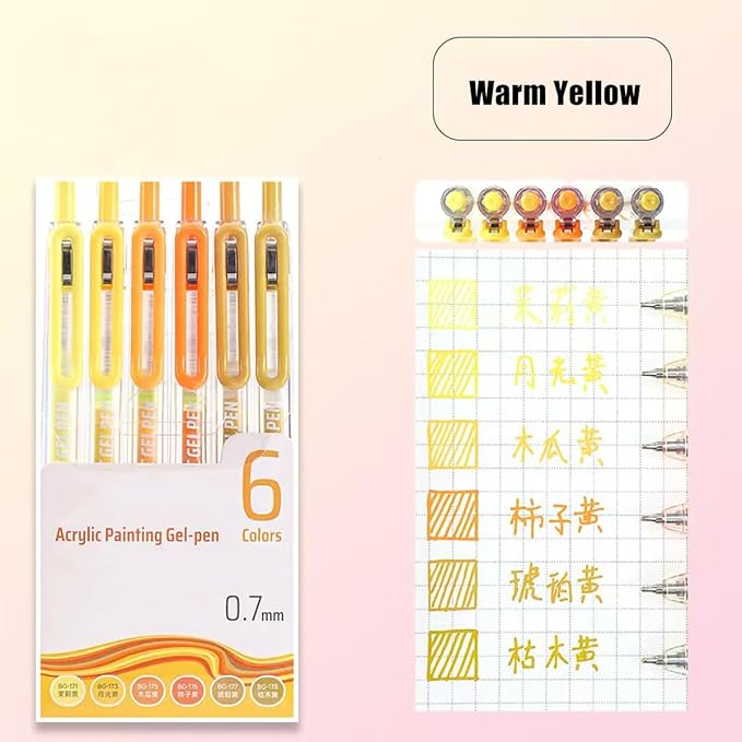 6 Pcs Acrylic Gel Pens 0.7mm Quick Dry Colorful Fine Point Smooth Writing Ballpoint for Adult Coloring, Art Supplier, Drawing, Journaling, Note Taking, Warm Yellow Set