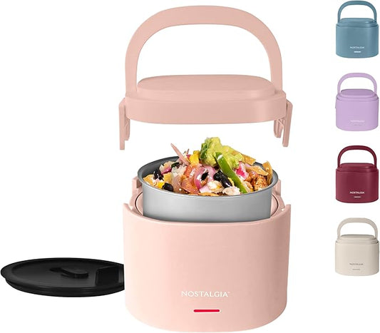 Nostalgia Portable Heated Lunch Box – 2.5-Cup Stainless Steel Food Warmer – Detachable Cord, Leak-Proof Lid, Carry Handle – Portable for Work & Travel – Cherry Blossom