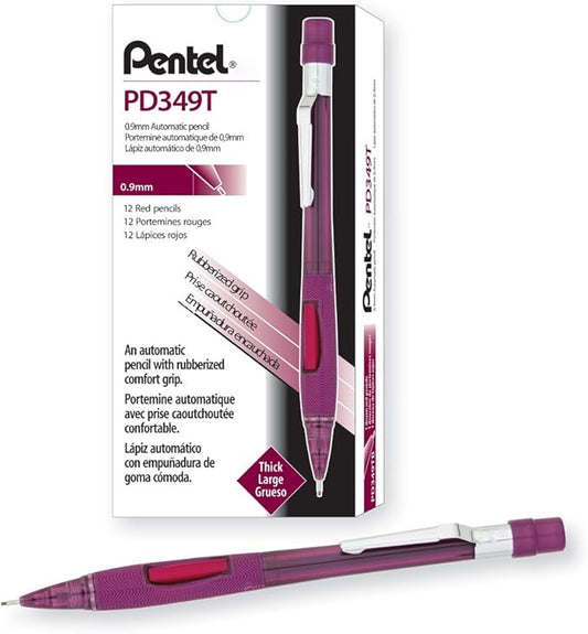 Pentel Quicker Clicker Automatic Pencil, 0.9mm Lead Size, Transparent Red Barrel, Box of 12 (PD349TB)