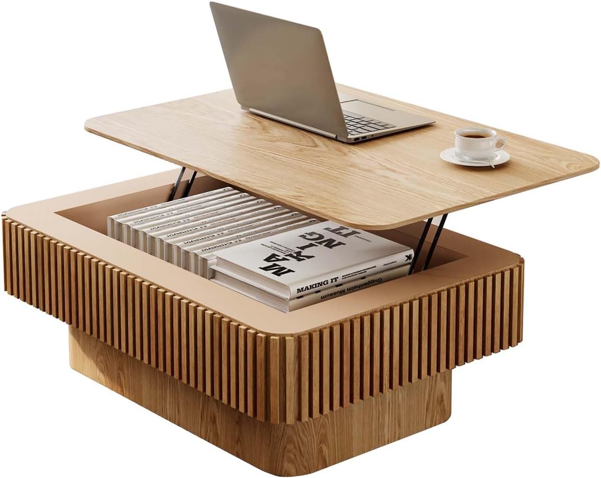 Lift Top Coffee Table with Storage, Solid Wood Coffee Table with Adjustable Height, Fluted Center Table Accent Tea Table for Living Room, Apartment, Office (38.6" Natuall)