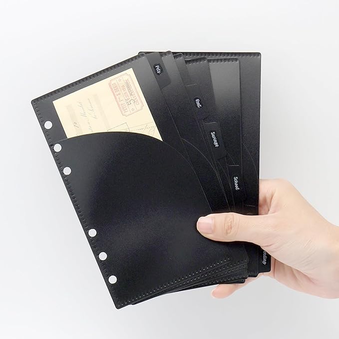 NatSumeBasics 12 Black A6 Binder Pocket Dividers with Label Sticker A6 Cash Envelopes for 6 Rings Budgeting Binder Inserts Supplies Accessories (12 Black)