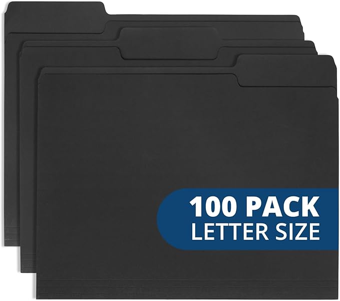 100 Blue Summit Supplies Black File Folders - Letter Size File Folders with 1/3 Cut Tabs, Durable 11pt Black Paper, Holds Letter Size Documents, 100 Pack