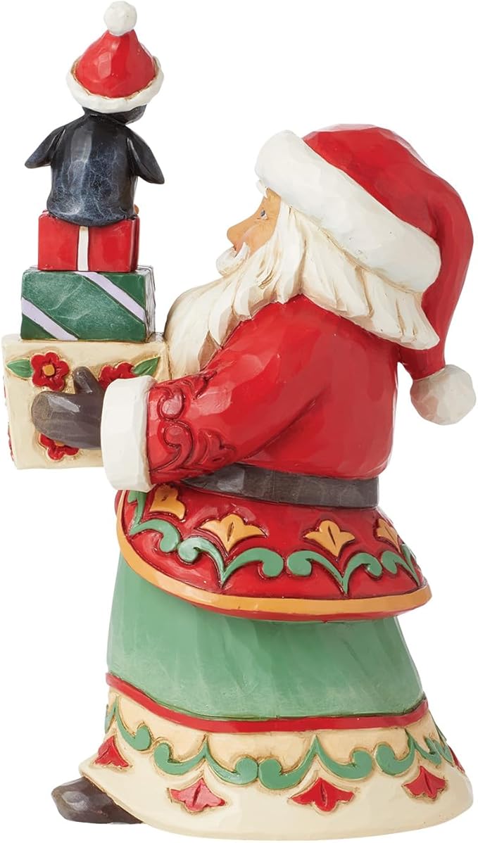 Enesco Jim Shore Heartwood Creek Santa with Presents and a Penguin Pint-Sized Figurine- Resin Hand Crafted Collectible Santa Mini Figurines Christmas Home Decor Holiday Shelf Statue, 6.06 Inch