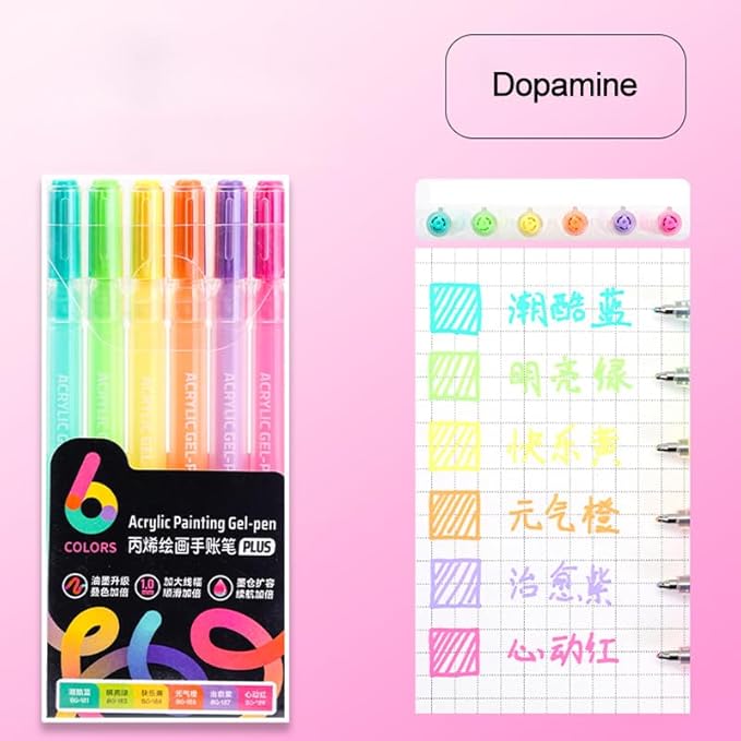 Acrylic Gel Pens for Coloring Books, Quick Dry 6 Pcs 1.0mm Fine Point Gel Marker Pen for Drawing, Journaling Art, Dopamine