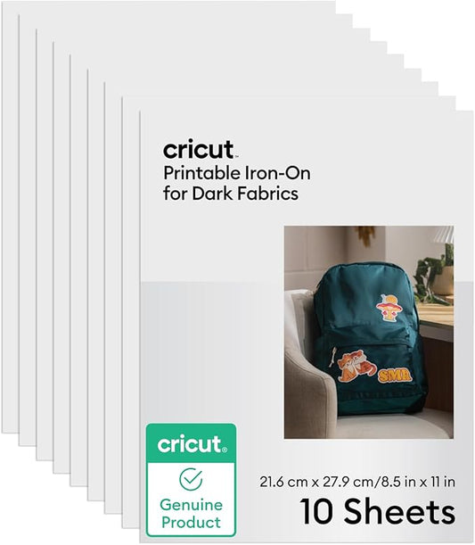 Cricut Printable Iron-On for Dark Fabrics, 10 sheets (8.5" x 11") - Print HTV Compatible with Inkjet Printers - For Joy Xtra, Explore, & Maker Machines