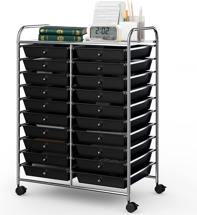 COSTWAY 20-Drawer Rolling Storage Cart, Utility Storage Organizer Cart for Tools, Scrapbook, Paper, Craft, Multipurpose Storage Trolley on Wheels for Home Office School (Black)