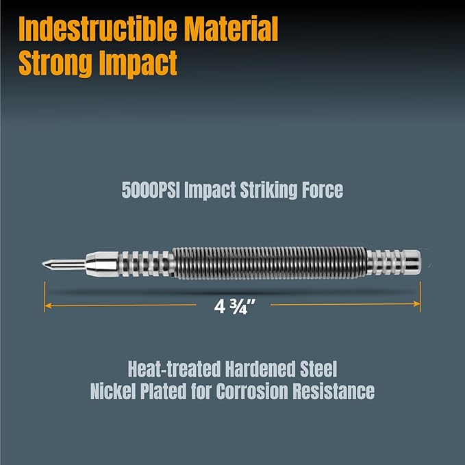 POWERTEC Hammerless Single Ended 1/8" Center Punch, Spring Loaded Nail Punch Tool, 5000 PSI Striking Force, 1PK (71938)