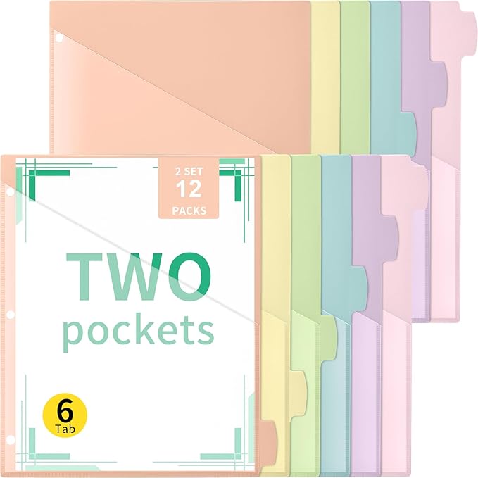 Epakh 12 Pcs Binder Dividers for 3 Rings Binders Index Dividers with Two Clear Pockets Plastics Sheets Protectors with Tab Labels for School Office Organization (Macaron)