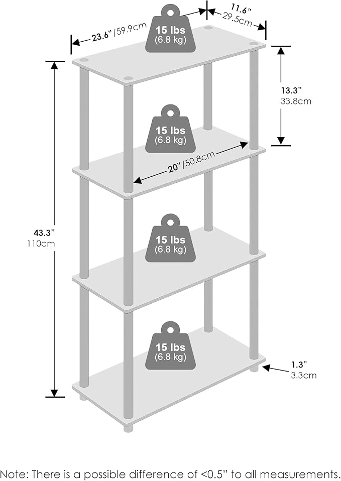 Furinno Turn-N-Tube Book Shelf, 4-Tier Bookshelf, Bookcase with Multipurpose Compact Display Rack, 11.6 x 23.6 x 43.2, for Living Room, Bedroom, Home Office, Light Cherry/Black