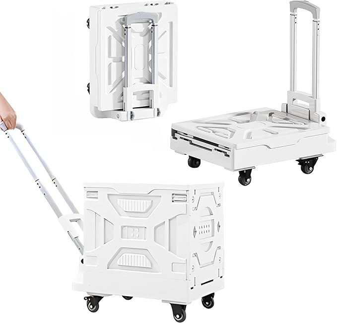 VECELO Rolling Carts with Wheels, Foldable Utility Cart, Light Weight Platform Trucks Dolly, with Recessed Design for Lids, 4 Heavy Duty Wheels, Ideal for Shopping, Camping, Teachers, Pearl White