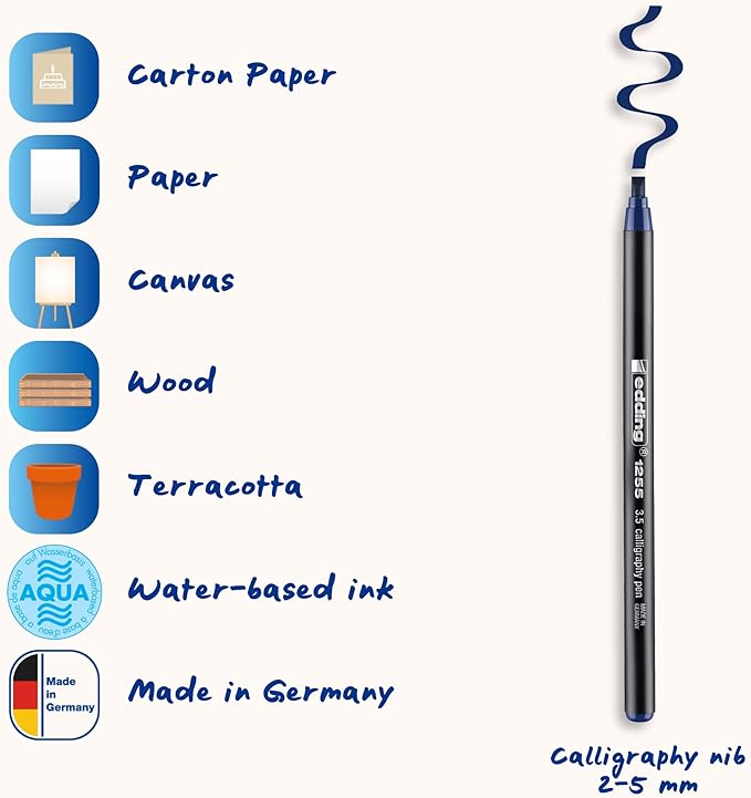 edding 1255 calligraphy pen - steelblue - 3 pens - calligraphy nib 2 - 5 mm - fibre pens for paper, wood, terracotta, canvas - hand lettering, bullet journals, thank you cards, calligraphy books