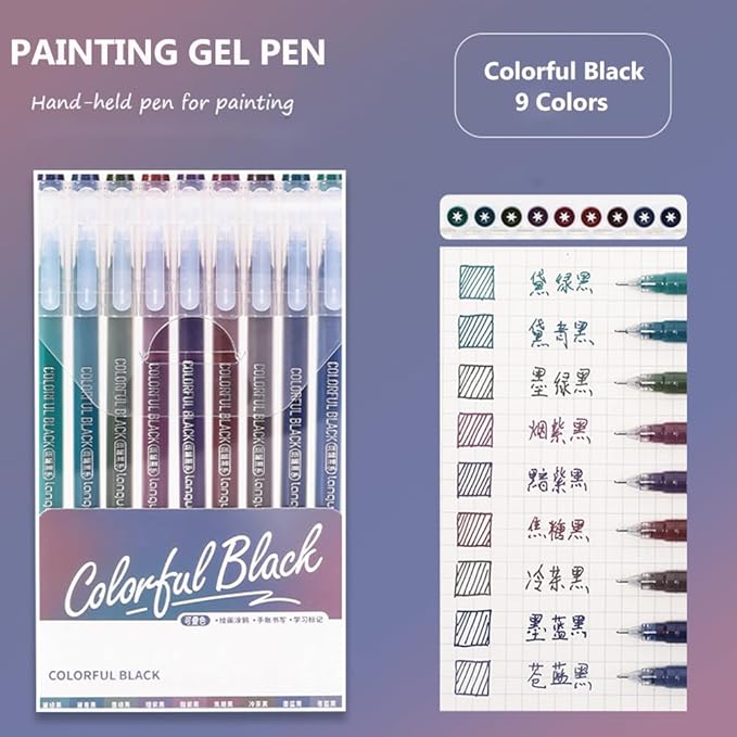 Gel Pens with Fine Point 0.6mm, 9 Colors Drawing Pencils for Adult Coloring Books Smooth Writing Pen Set for Journaling(Colorful Black)