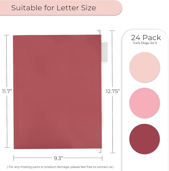 Y YOMA Letter Size - 24 Pack Extra Capacity Hanging File Folders Accordion Decorative Reinforced File Folder Cute Colored Expandable Folder for Office Home with 1/5-Cut Adjustable Tabs, Cute Pink